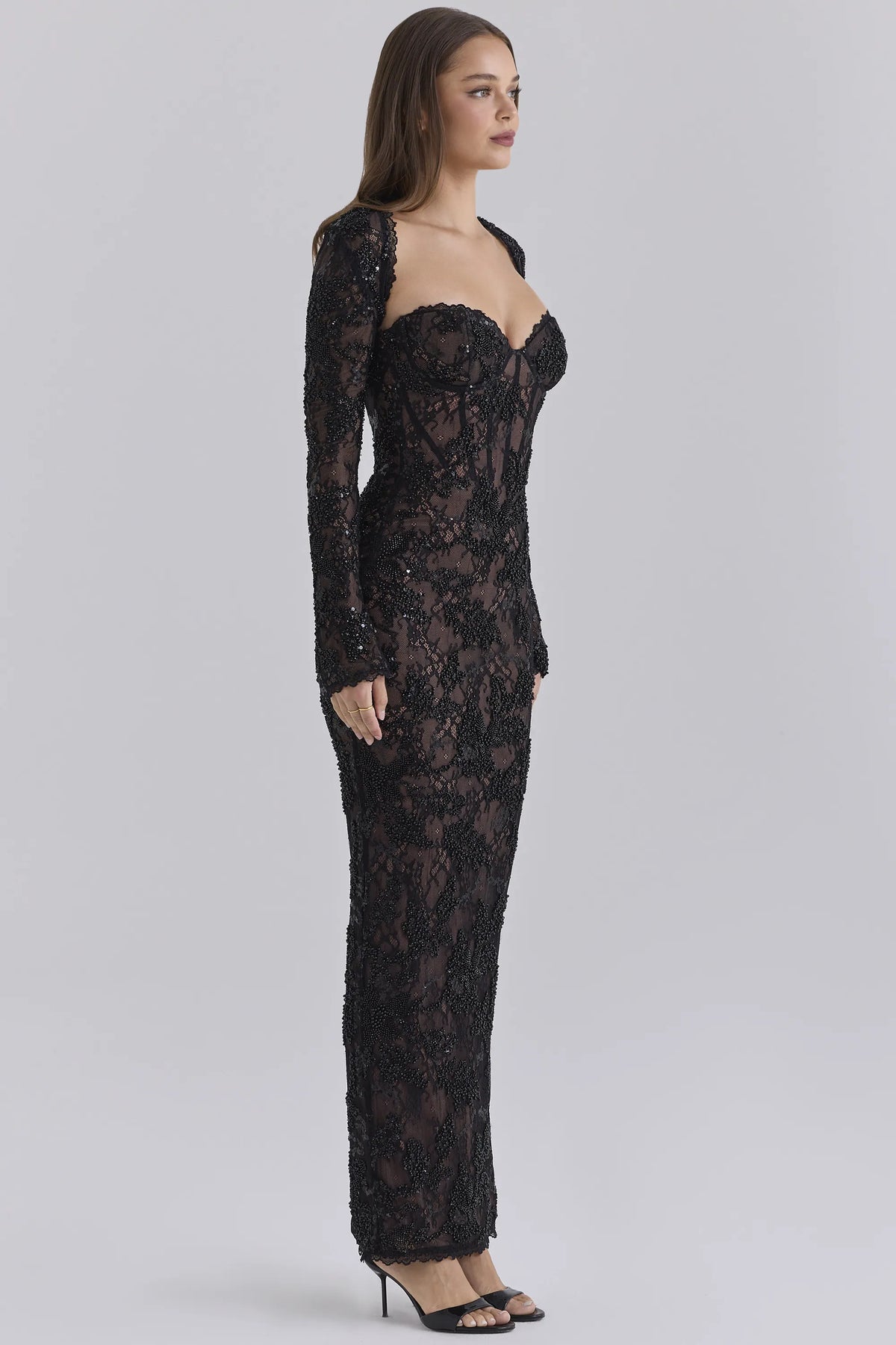 Lucelle Black Heavily Beaded Embellished Lace Maxi Dress - Limited Edition