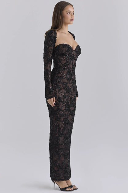 Lucelle Black Heavily Beaded Embellished Lace Maxi Dress - Limited Edition