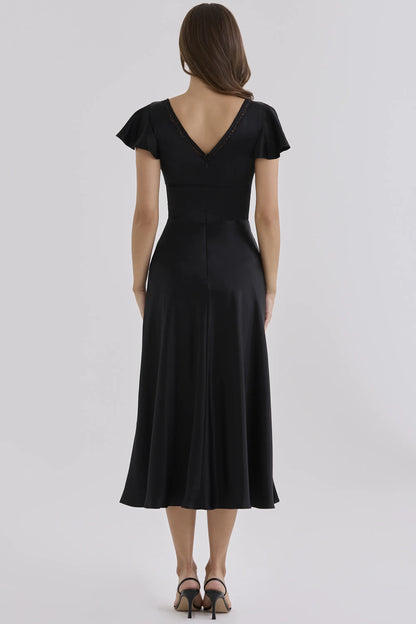 Ravella Black Real Silk V-Neck Midi Tea Dress