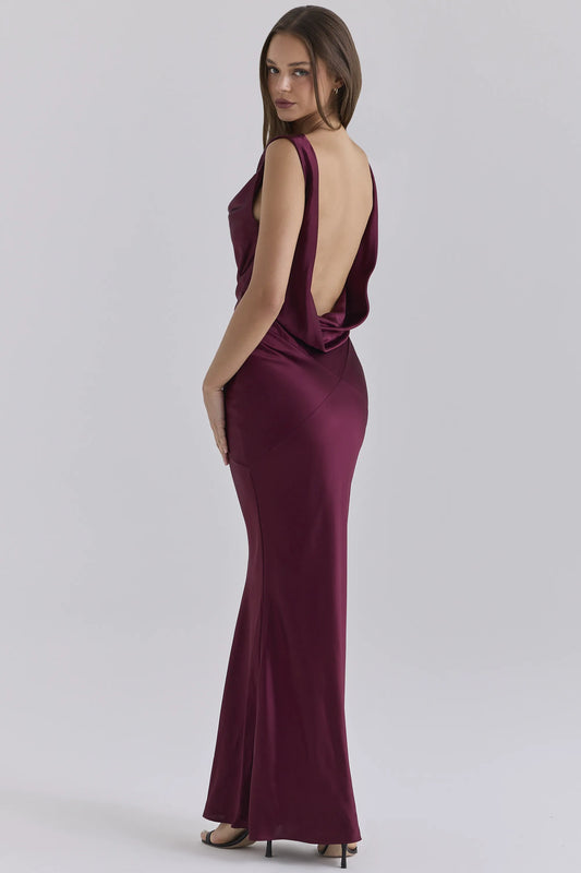 Safaira Cabernet Satin Draped Cowl Back Maxi Dress