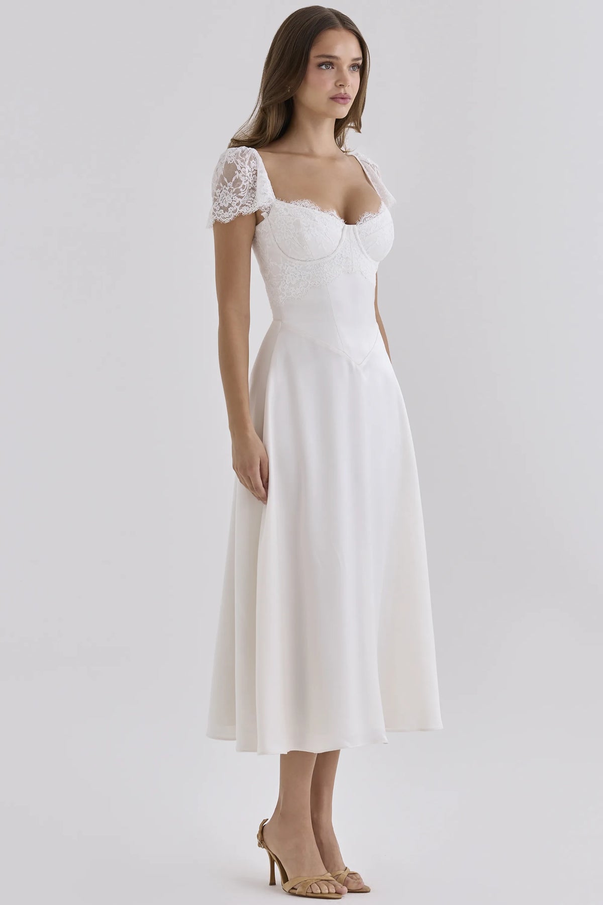 Selena White Satin + Lace Midi Dress