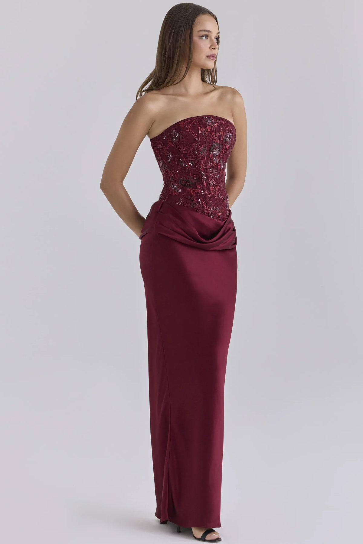 Samina Cabernet Embellished Tulle + Satin Strapless Maxi Dress