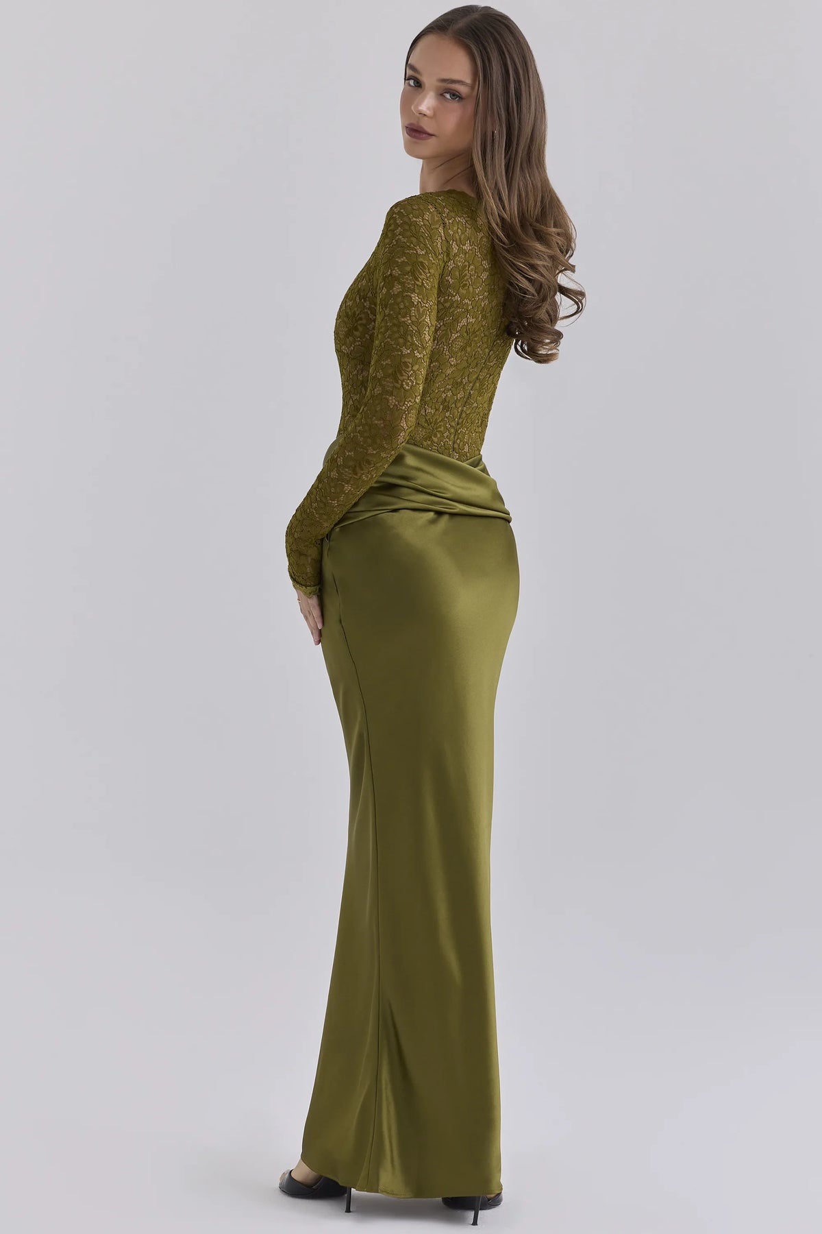 Yasmeen Olive Lace + Satin Long Sleeved Maxi Dress