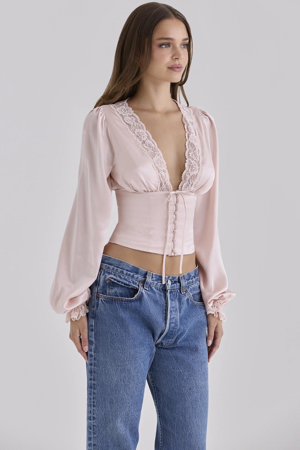 Luciana Pink Real Silk Long Sleeve Lace Trim Top