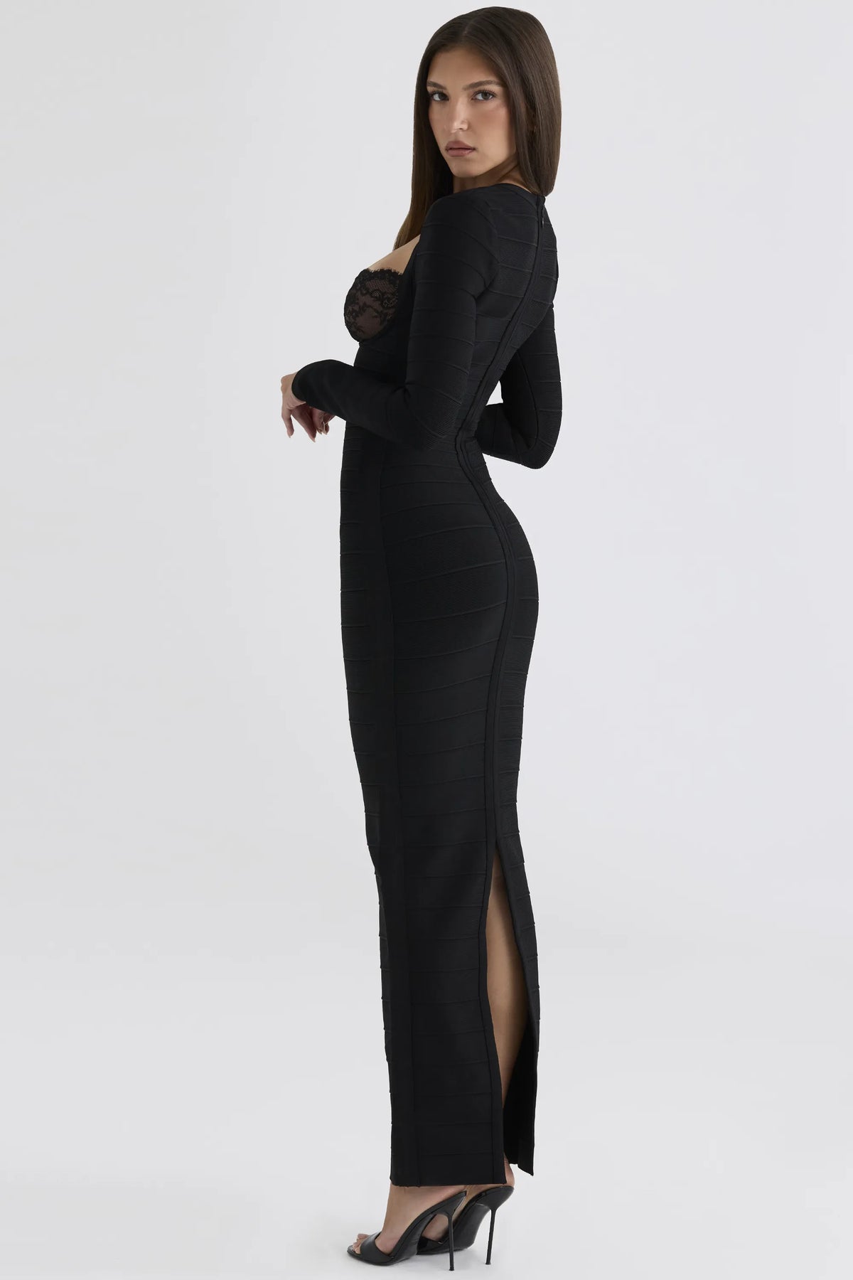 The Demi Black Lace Trimmed Long Sleeve Bandage Maxi Dress