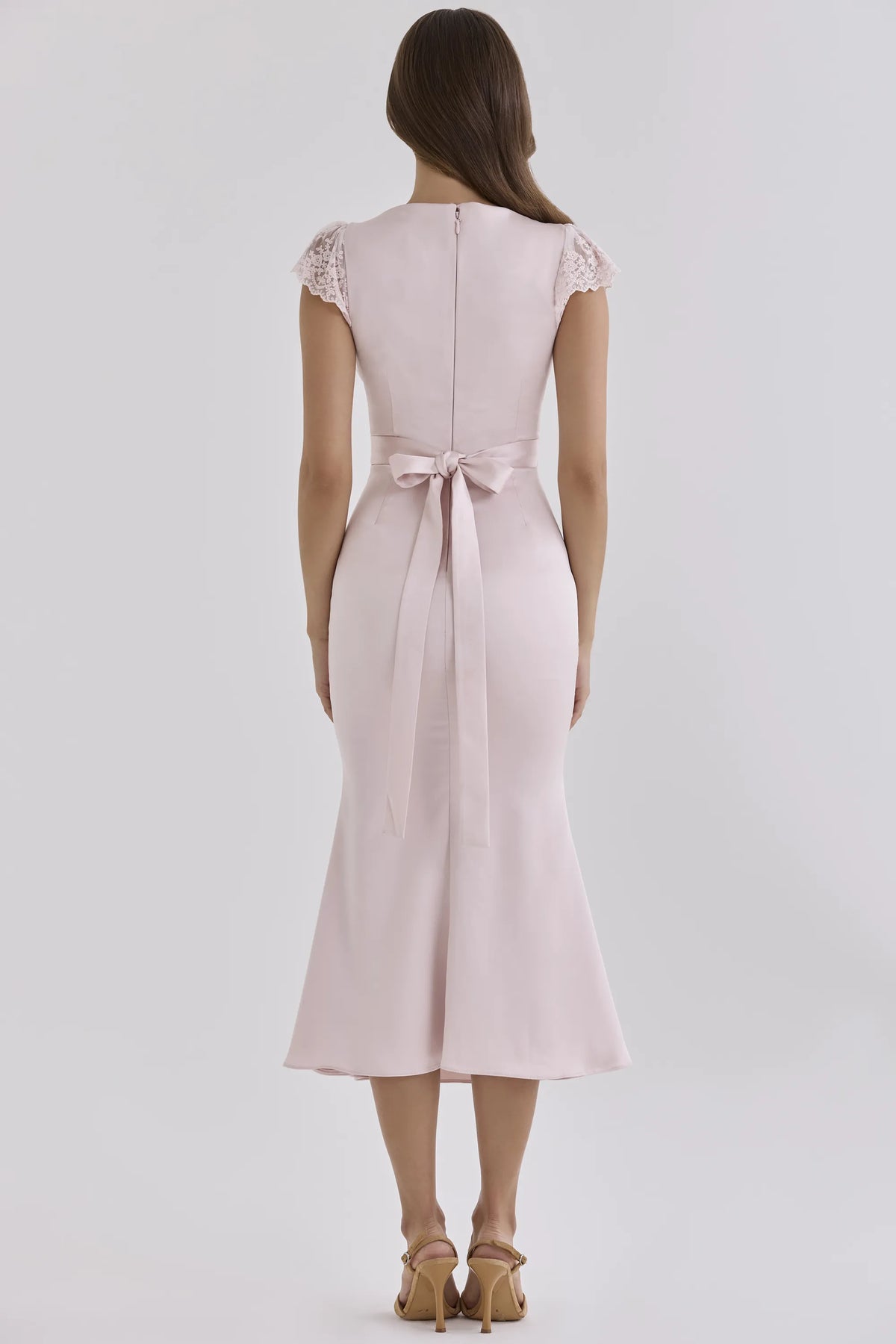 Odessa Pink Satin Lace Trim Midi Tea Dress