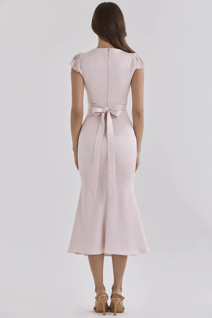 Odessa Pink Satin Lace Trim Midi Tea Dress