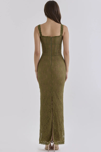 Aureliana Olive Lace Scallop Trim Maxi Dress