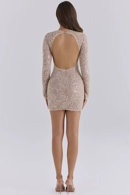 Aurielle Champagne Lace Embellished Backless Mini Dress