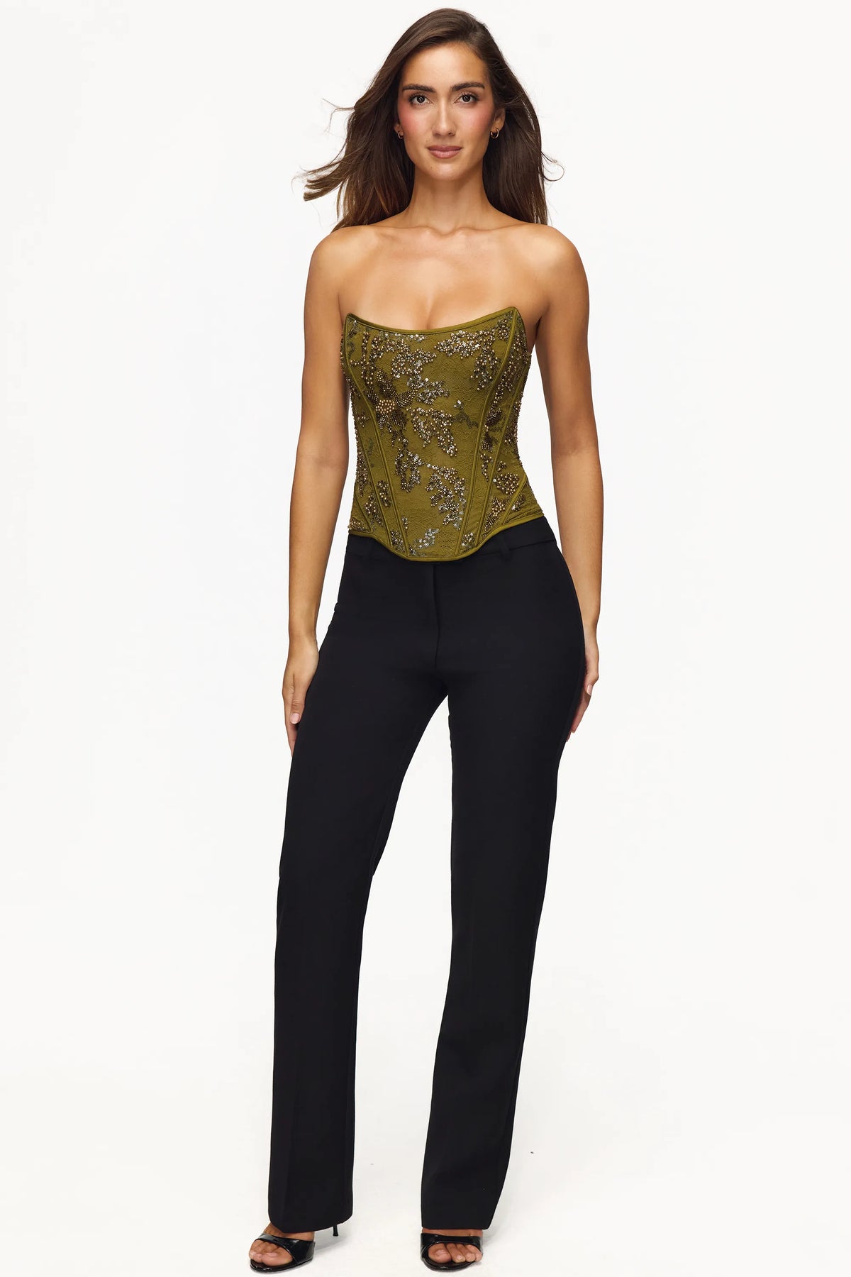 Calliope Olive Embellished Lace Corset Top