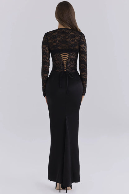 Carmella Midnight Lace & Satin Corset Maxi Dress With Bolero