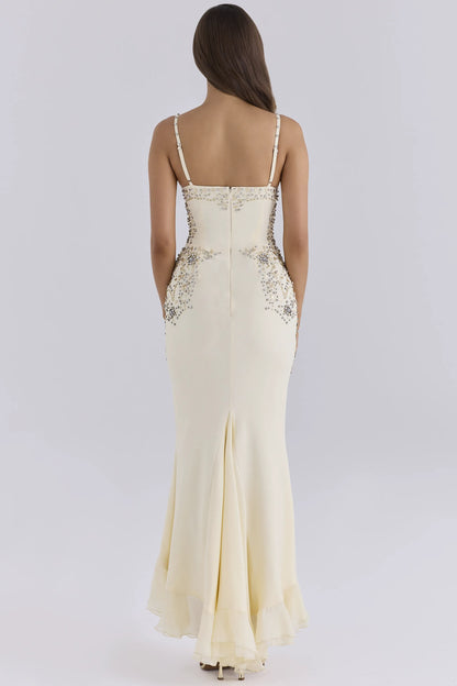 Elyse Pearl Deep V Satin + Chiffon Embellished Maxi Dress - Limited Edition