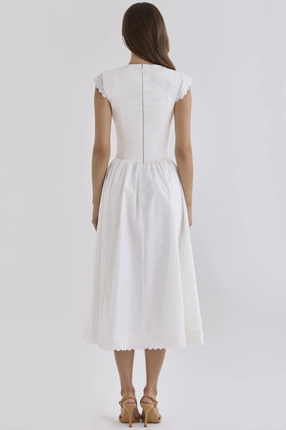 Fiorella White Cotton Broderie Anglaise Trim Midi Sundress