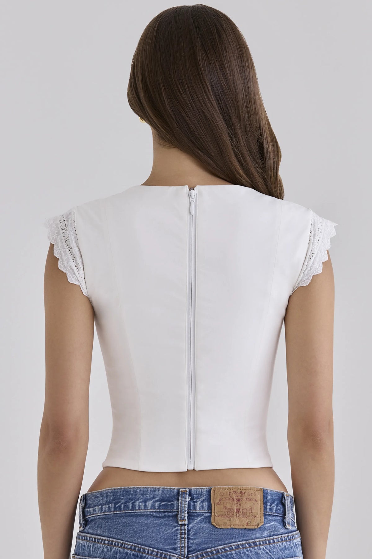 Fiorella White Cotton Broderie Anglaise Trim Cap Sleeve Corset Top