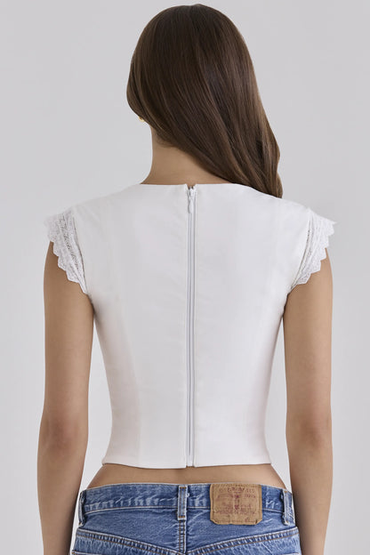 Fiorella White Cotton Broderie Anglaise Trim Cap Sleeve Corset Top