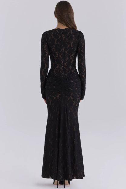 Nylah Midnight Plunging Lace Long Sleeve Maxi Dress