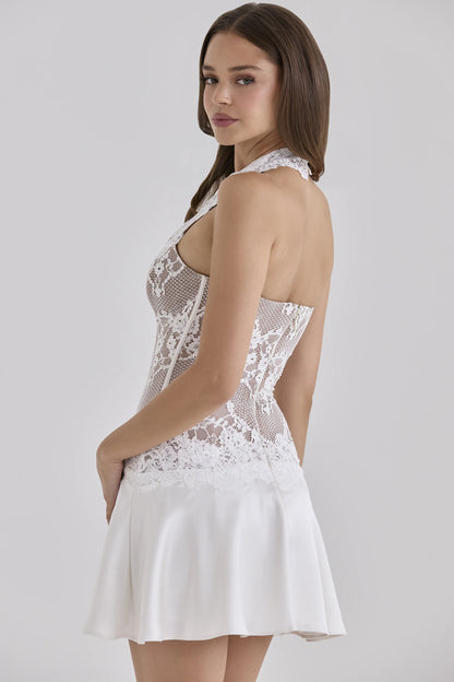 Nyra White Lace + Satin Halter Neck Mini Dress