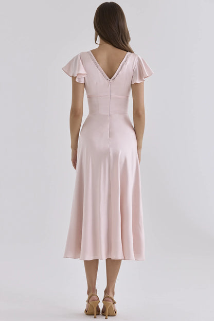 Ravella Pink Real Silk V-Neck Midi Tea Dress