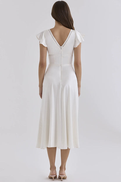 Ravella Ivory Real Silk V-Neck Midi Tea Dress