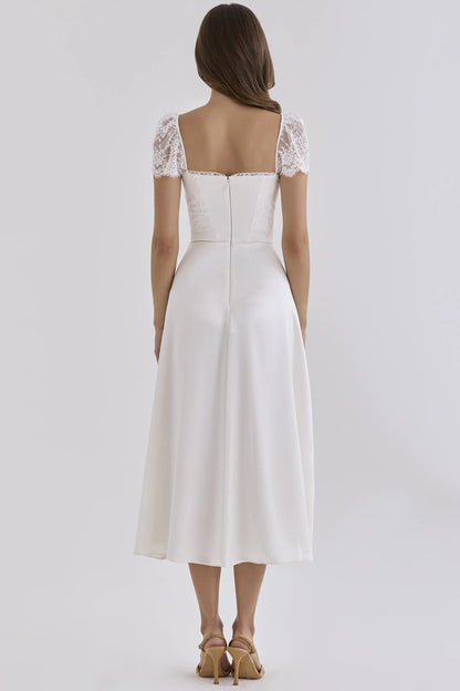 Selena White Satin + Lace Midi Dress