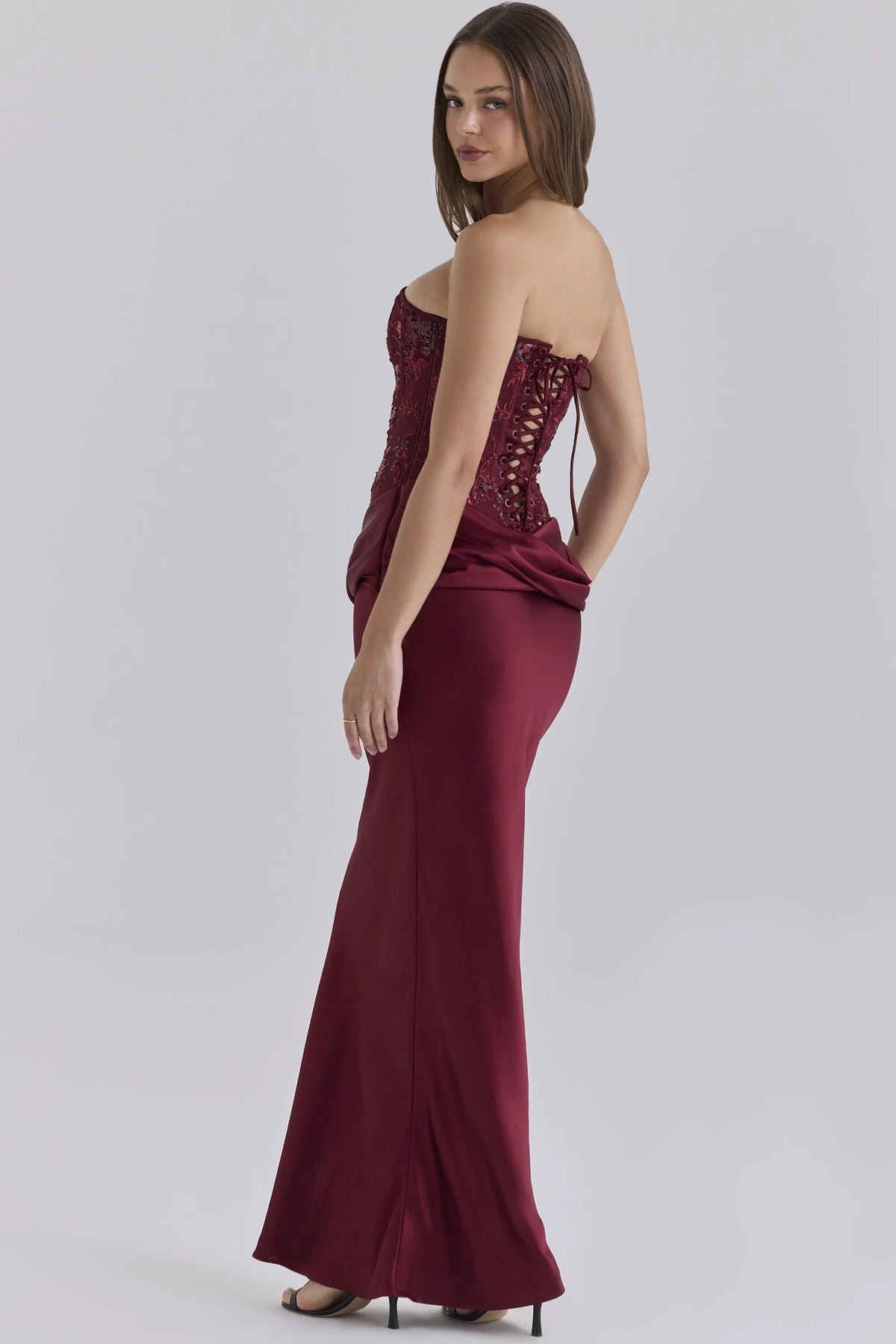 Samina Cabernet Embellished Tulle + Satin Strapless Maxi Dress