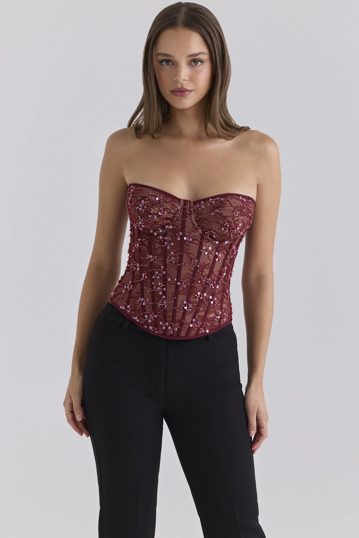 Suri Cabernet Bead Embellished Lace Corset Top