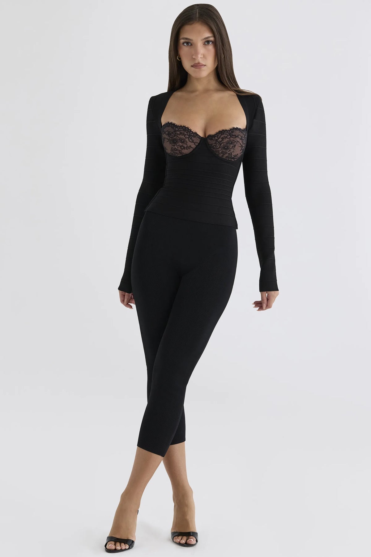 The Demi Black Lace Trimmed Long Sleeve Bandage Top