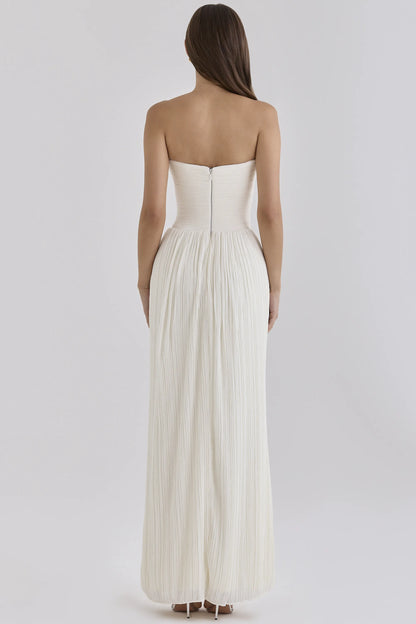 Valeriana White Chiffon Micro Pleat Strapless Maxi Gown