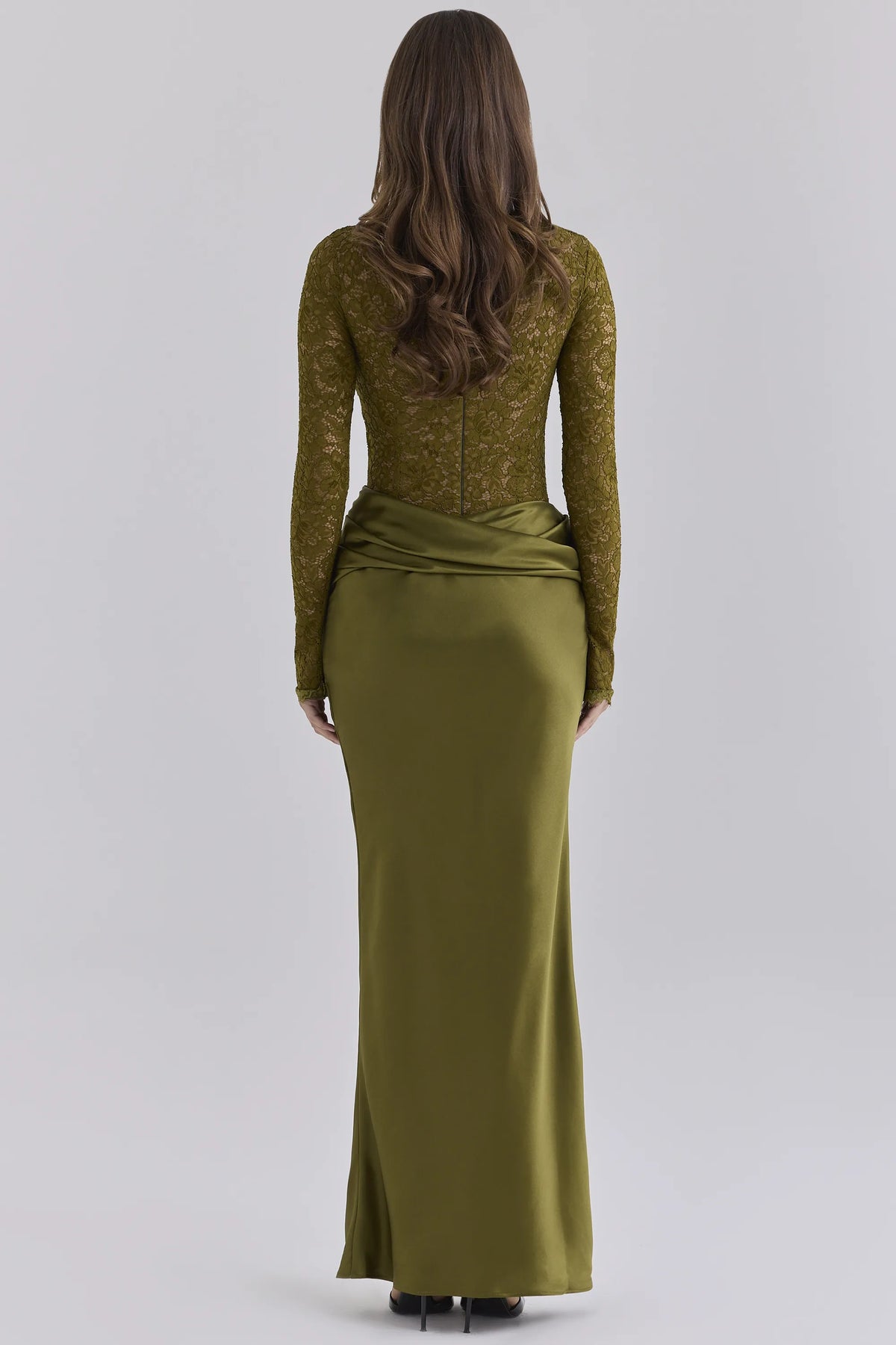 Yasmeen Olive Lace + Satin Long Sleeved Maxi Dress