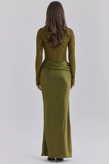 Yasmeen Olive Lace + Satin Long Sleeved Maxi Dress