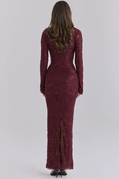 Lucelle Cabernet Embellished Lace Maxi Dress - Limited Edition