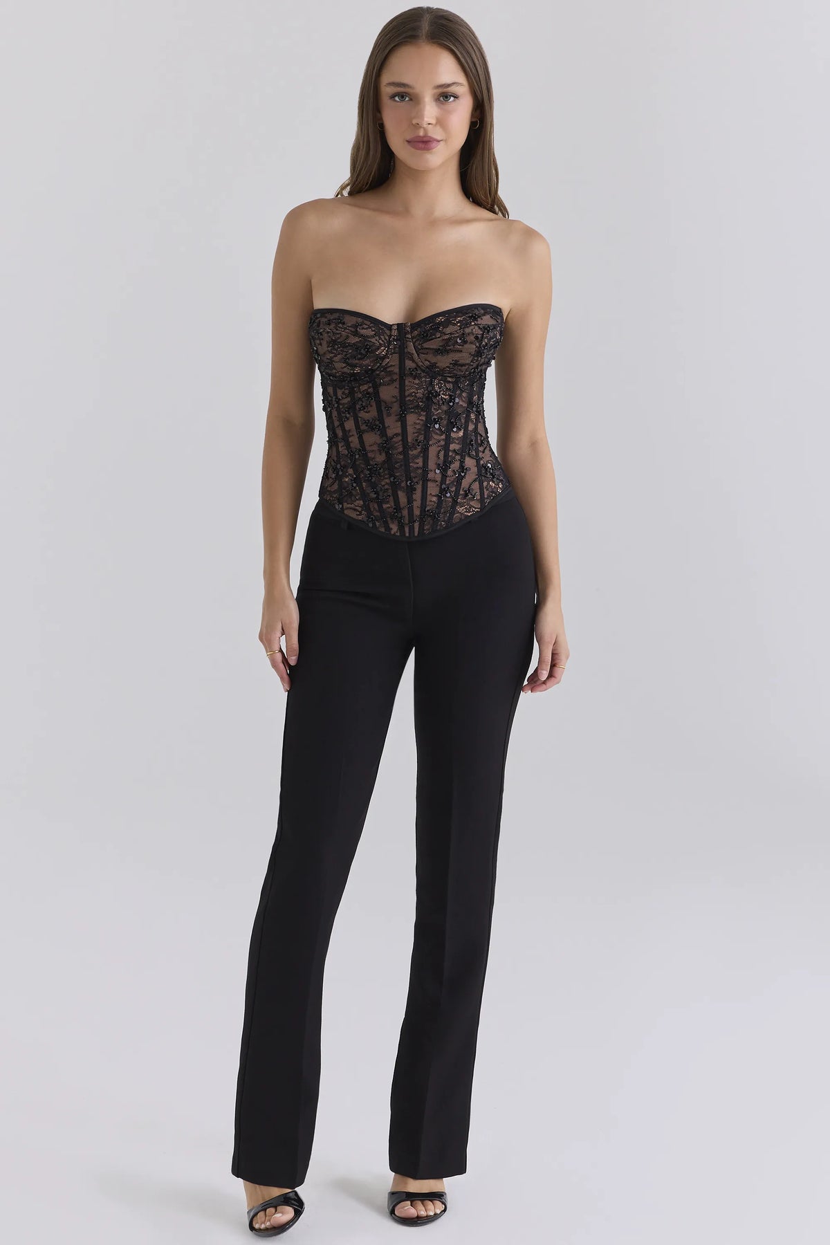 Suri Black Hand Beaded Embellished Lace Corset Top