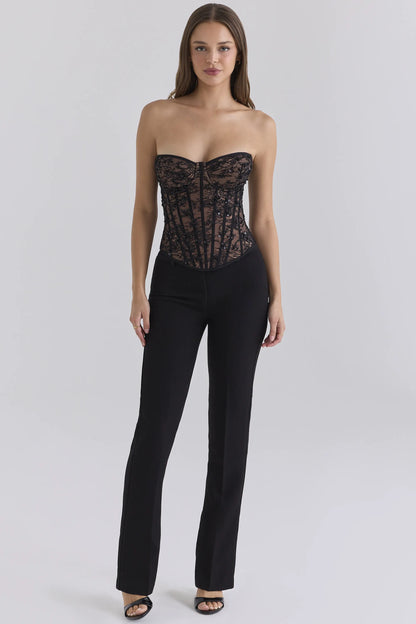 Suri Black Hand Beaded Embellished Lace Corset Top