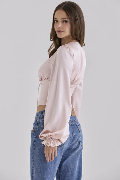 Luciana Pink Real Silk Long Sleeve Lace Trim Top