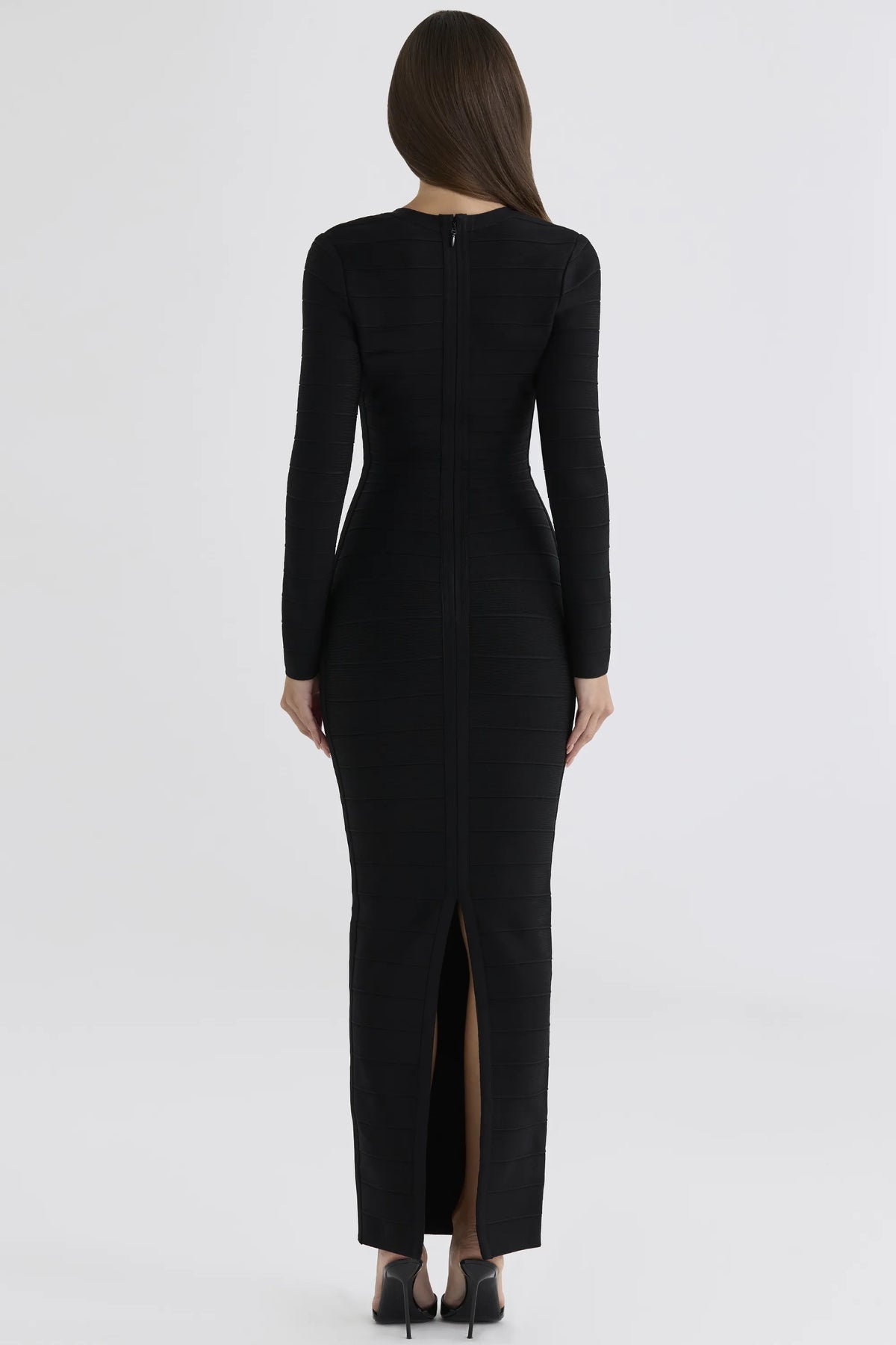 The Demi Black Lace Trimmed Long Sleeve Bandage Maxi Dress