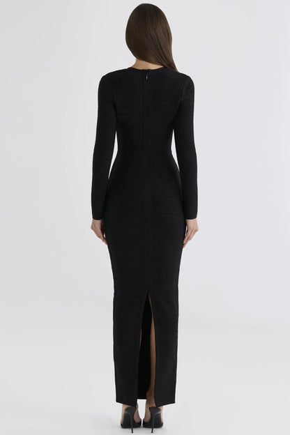 The Demi Black Lace Trimmed Long Sleeve Bandage Maxi Dress