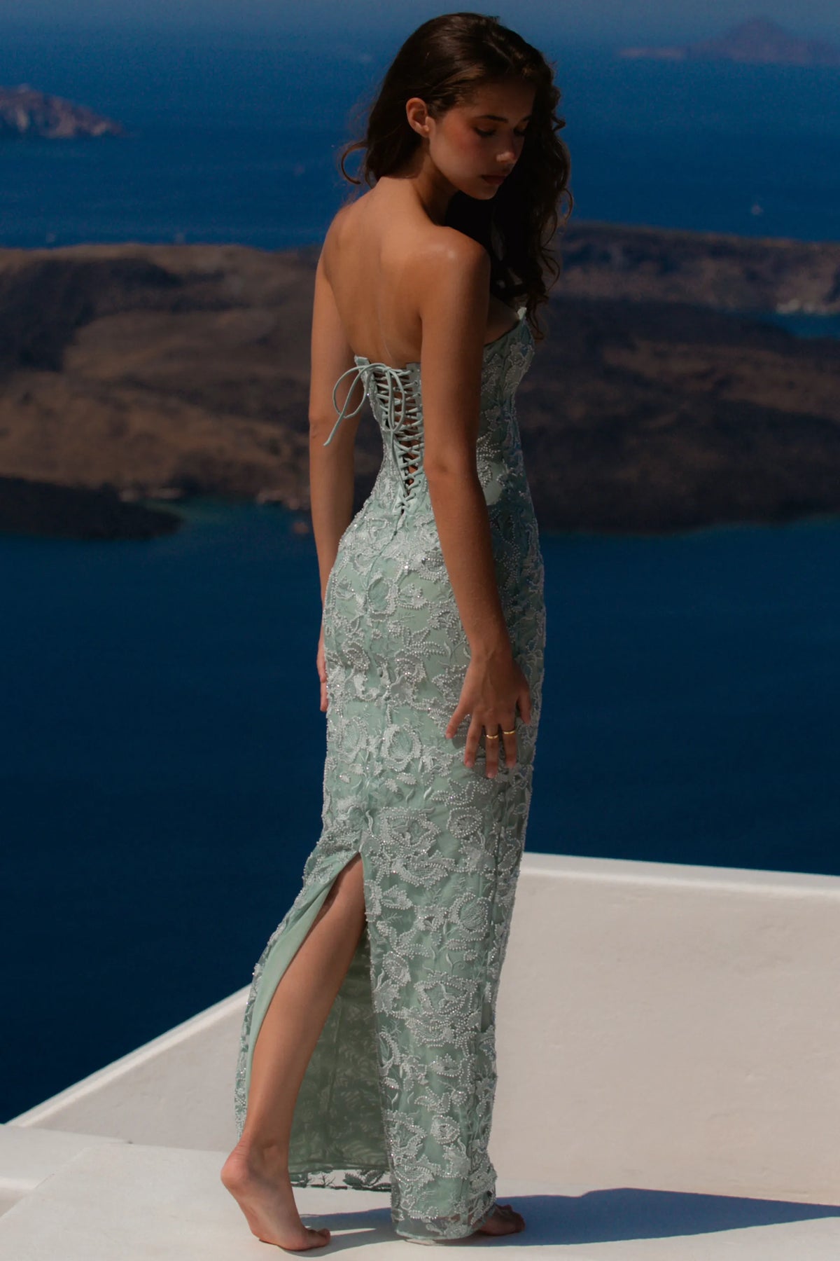 Anisa Jade Hand Beaded Embellished Strapless Maxi Dress