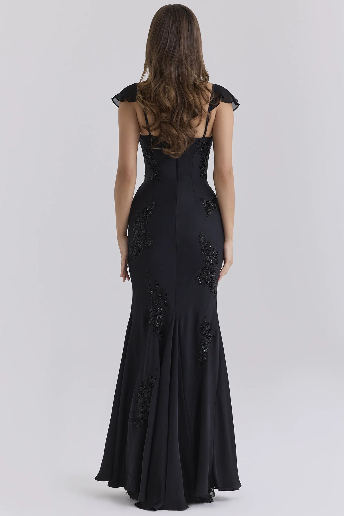 Arabella Black Satin Custom Hand Embellished Beaded Maxi Gown - Limited Edition
