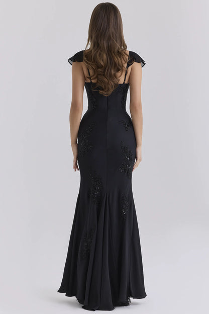 Arabella Black Satin Custom Hand Embellished Beaded Maxi Gown - Limited Edition