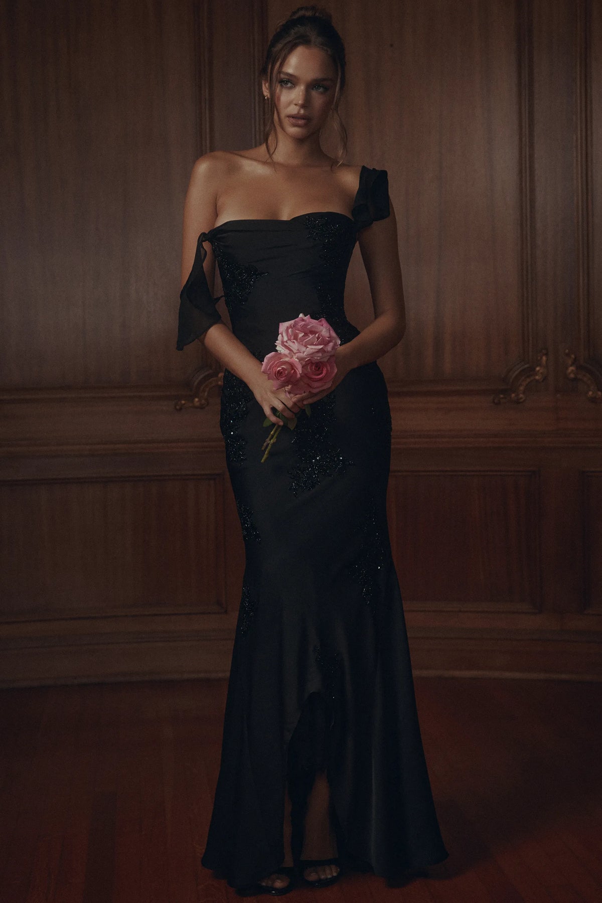 Arabella Black Satin Custom Hand Embellished Beaded Maxi Gown - Limited Edition