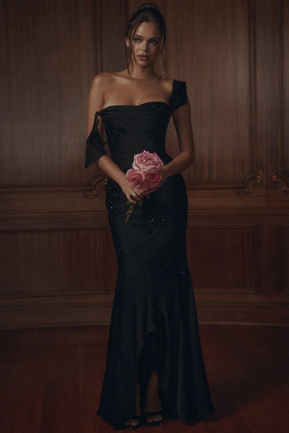 Arabella Black Satin Custom Hand Embellished Beaded Maxi Gown - Limited Edition
