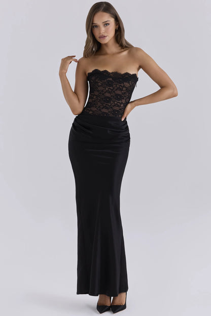 Carmella Midnight Lace & Satin Corset Maxi Dress With Bolero