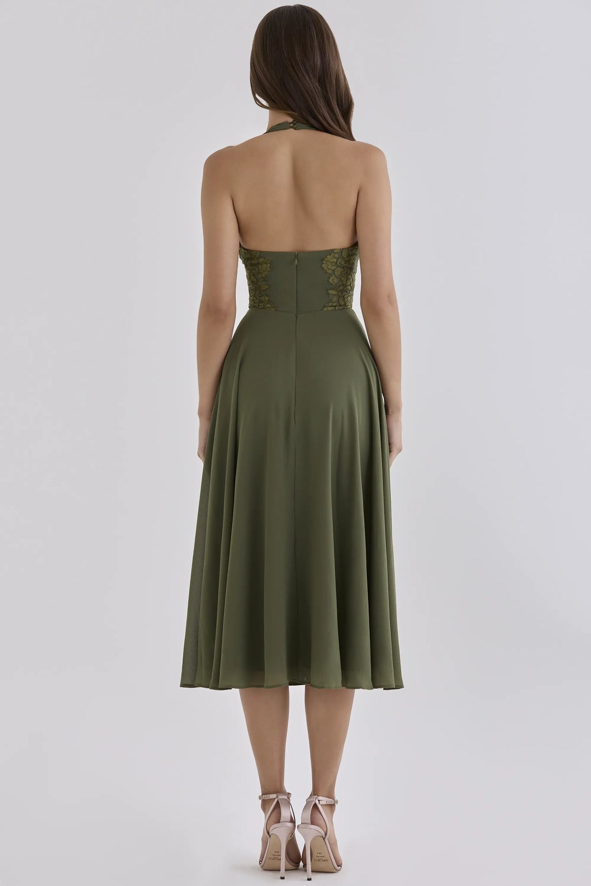 Coco Olive Georgette + Lace Placement Halter Neck Midi Dress