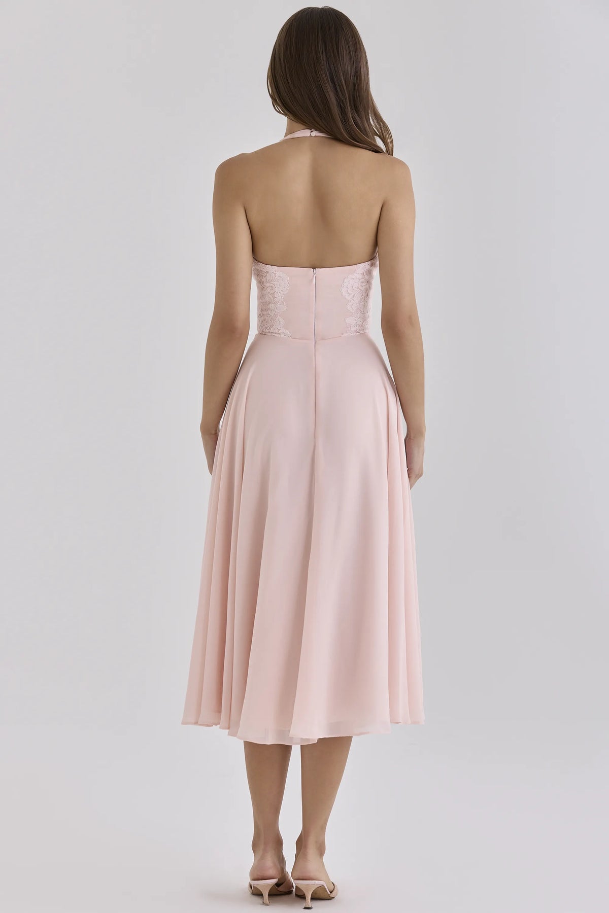 Coco Pink Georgette + Lace Placement Halter Neck Midi Dress
