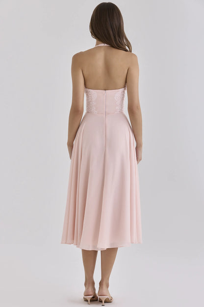 Coco Pink Georgette + Lace Placement Halter Neck Midi Dress