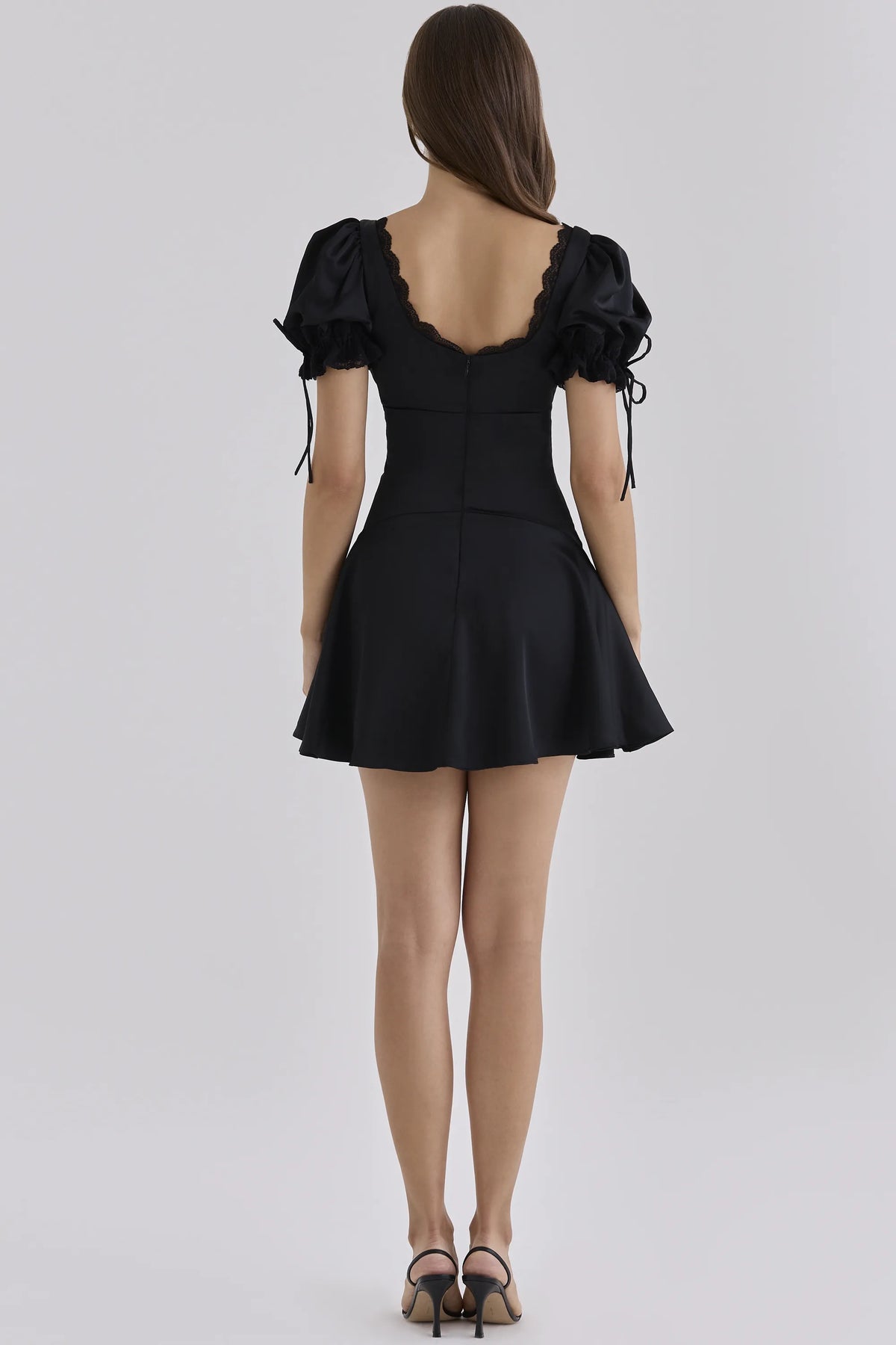 Elisabetta Black Satin Lace Trim Mini Dress