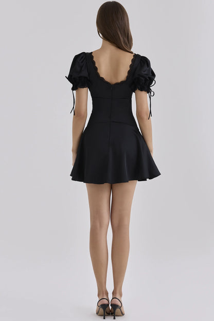 Elisabetta Black Satin Lace Trim Mini Dress