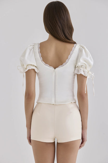 Elisabetta Ivory Satin Puff Sleeve Lace Trim Top