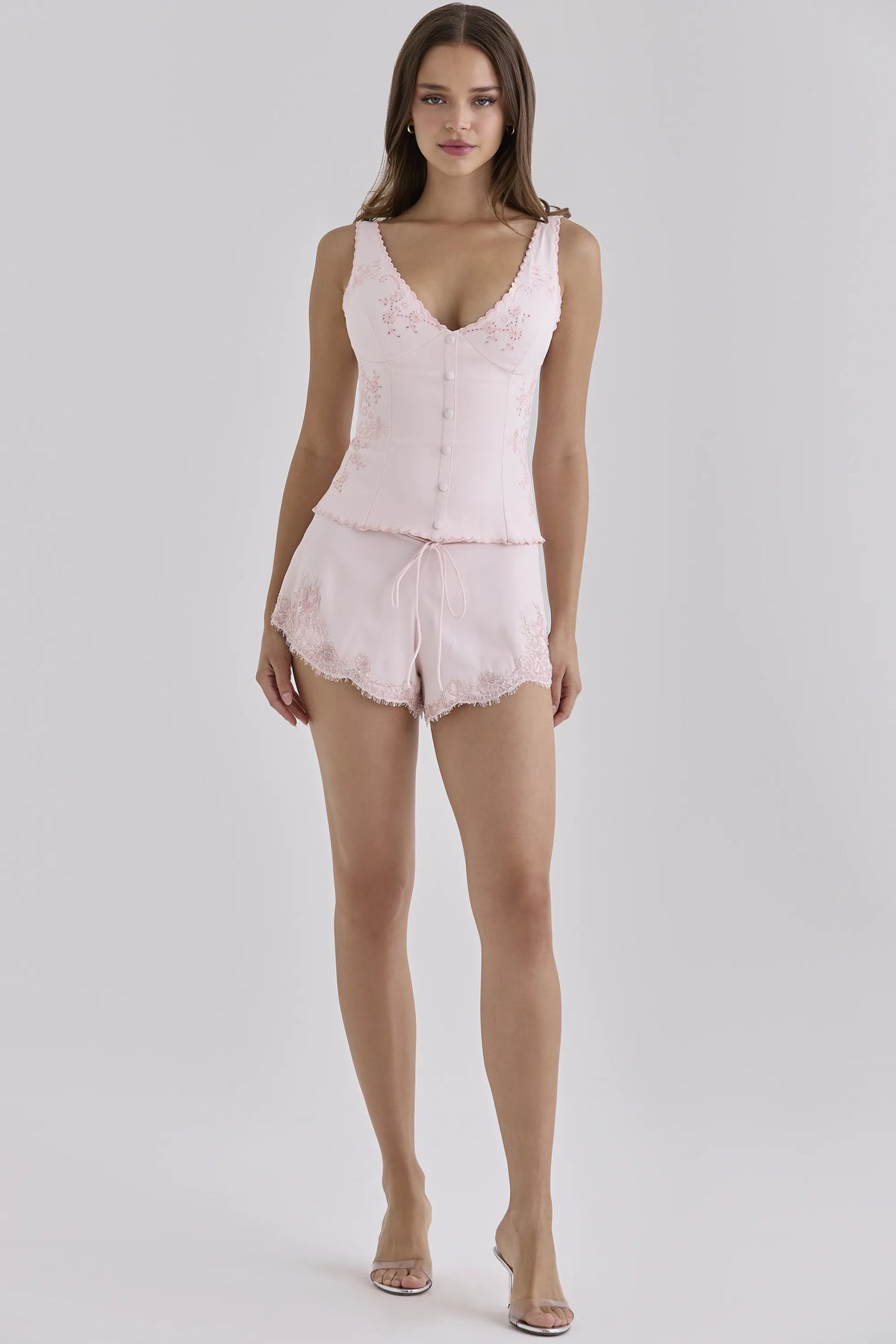 Faye Crystal Pink Satin Custom Hand Beaded Embellished Lace Trim Mini Shorts