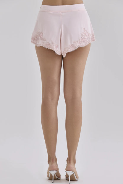 Faye Crystal Pink Satin Custom Hand Beaded Embellished Lace Trim Mini Shorts